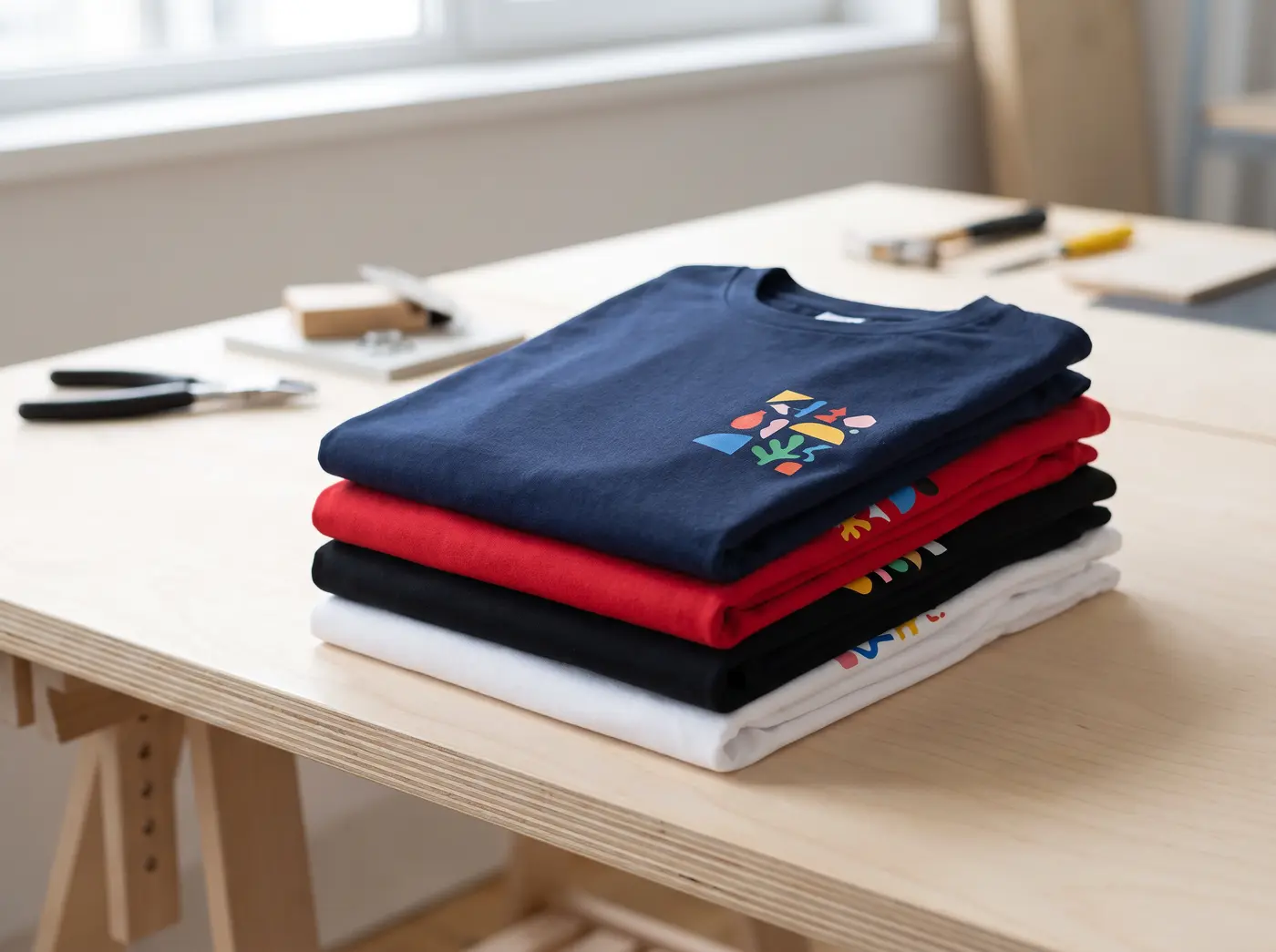 Pile de T-shirts imprimés en marine, rouge, noir et blanc sur un établi