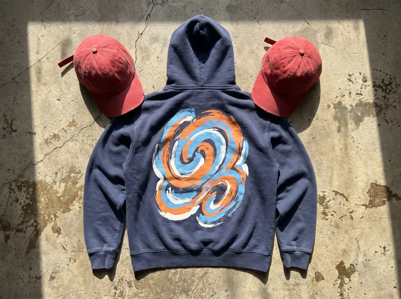 Hoodie marine avec grand imprimé coloré au dos, à côté de casquettes rouges sur béton