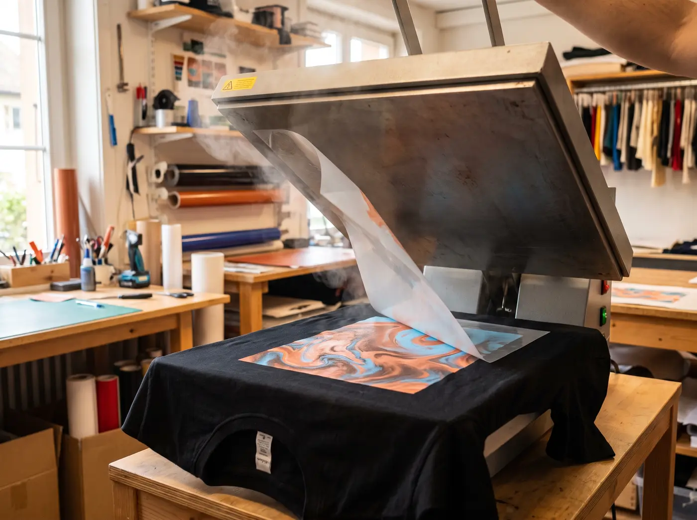 Presse à transfert dans un atelier d’impression textile, motif fraîchement imprimé sur un T-shirt noir